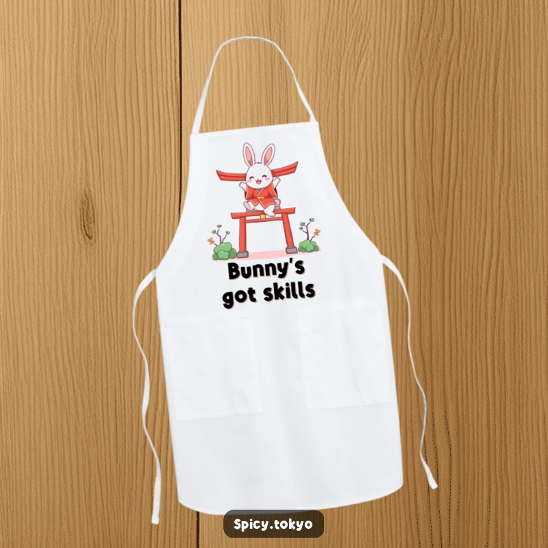 Funny bunny in a red kimono joyfully leaping over a stylized torii gate, a humorous cooking apron.