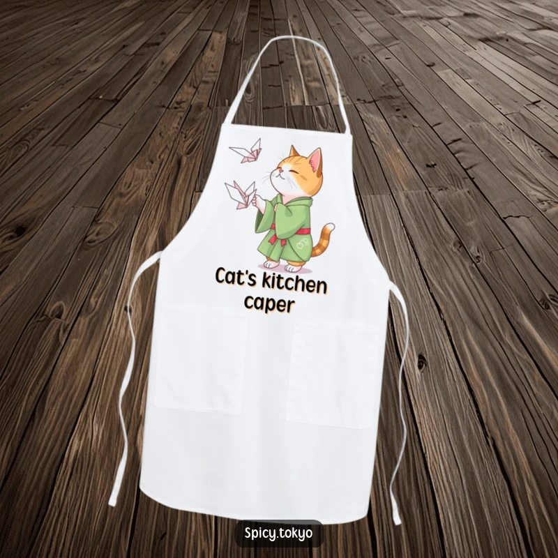 Funny cat in a green kimono playfully attempting to catch a floating origami crane, a humorous cooking apron.