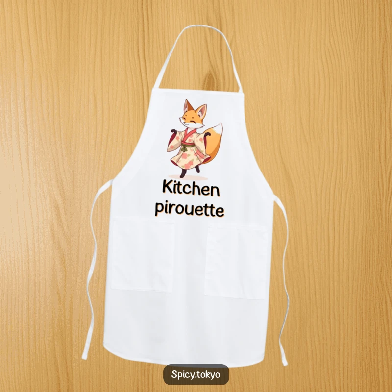 Funny fox in a floral kimono gracefully performing a spinning pirouette, a humorous cooking apron.