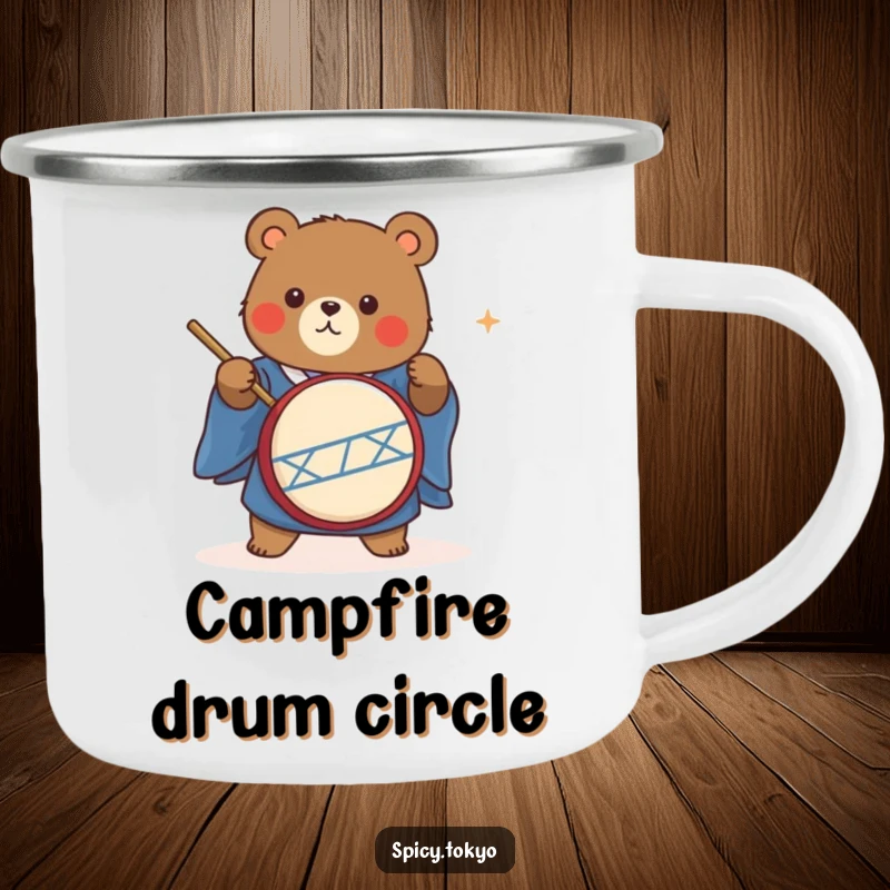 Funny cute bear in a blue kimono energetically playing a taiko drum, perfect for outdoor music lovers.