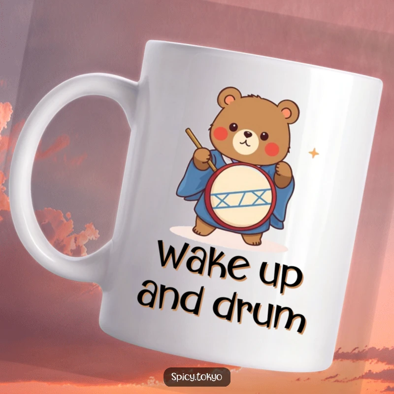 Funny cute bear in a blue kimono energetically playing a taiko drum, a humorous and musical gift.