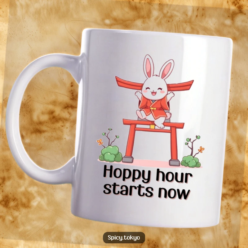 Funny bunny in a red kimono joyfully leaping over a stylized torii gate, perfect for a humorous gift.