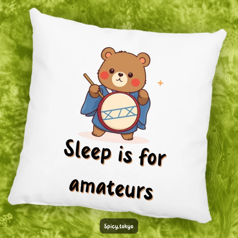 Funny cute bear in a blue kimono energetically playing a taiko drum, a soft and humorous pillow.