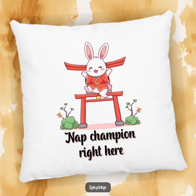 Funny bunny in a red kimono joyfully leaping over a stylized torii gate, a cute and humorous pillow.