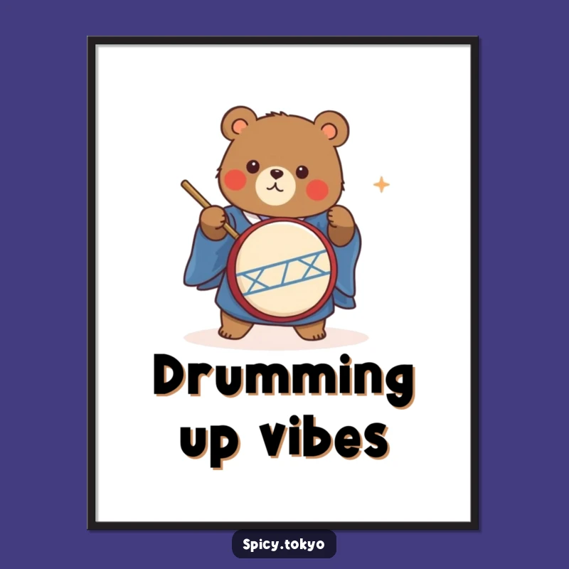 Funny Bear Taiko Drummer Digital Art: Energetic Bear Kimono Print Funny Gift