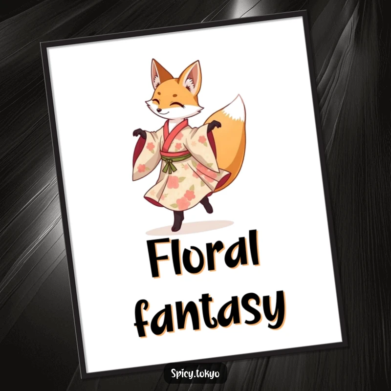 Funny fox in a floral kimono gracefully performing a spinning pirouette, a downloadable art print.