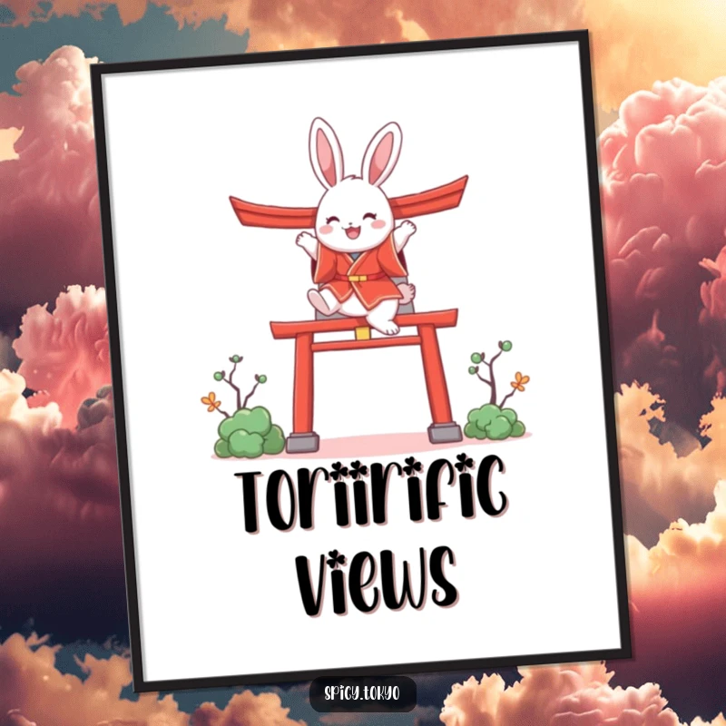 Funny bunny in a red kimono joyfully leaping over a stylized torii gate, a downloadable art print.