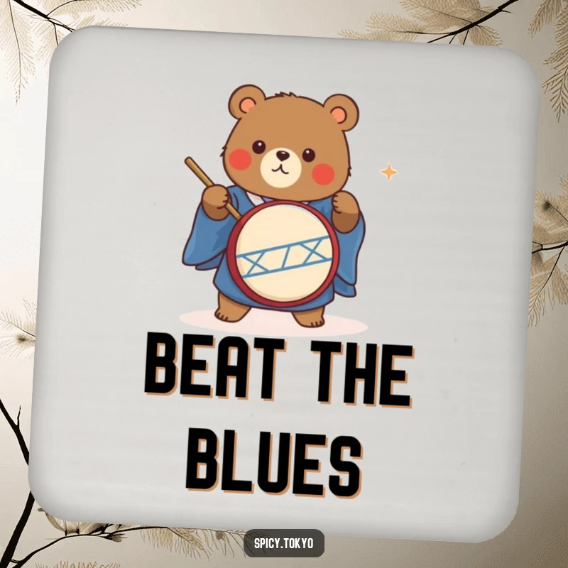 Funny cute bear in a blue kimono energetically playing a taiko drum, a fun drink coaster.