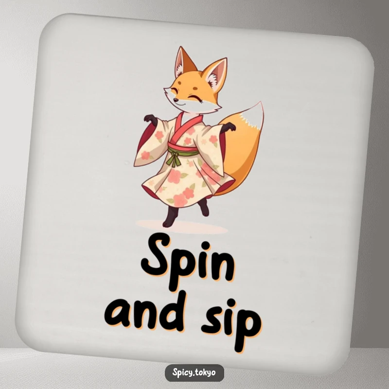 Funny fox in a floral kimono gracefully performing a spinning pirouette, a lovely drink coaster.