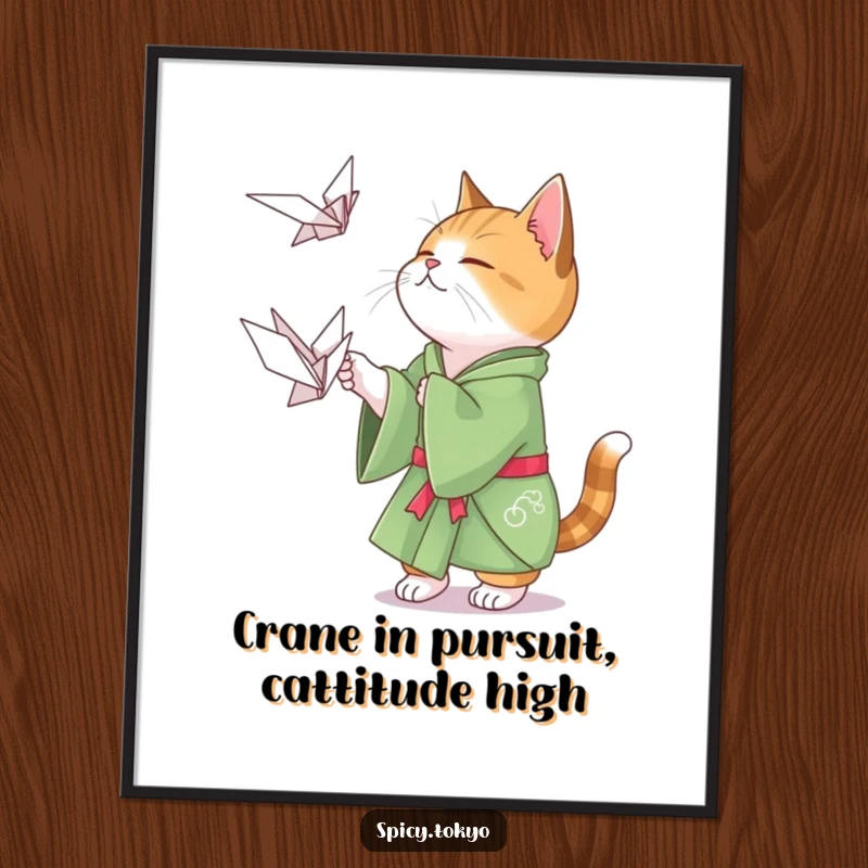 Funny Free Printable Wall Art: Cat in a green kimono playfully attempts to catch a floating origami crane.