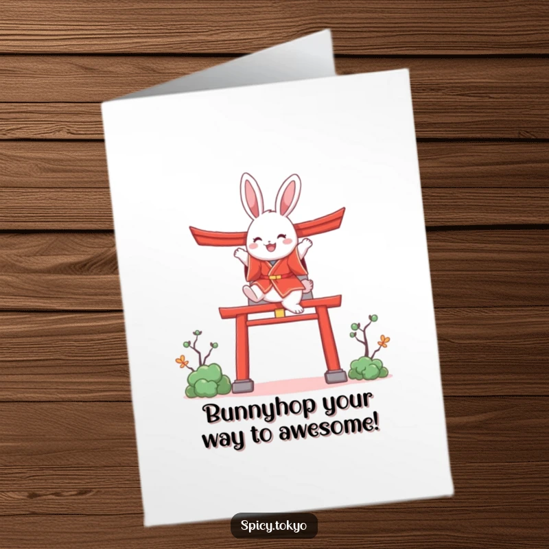 Funny Free Printable Birthday Card: Fluffy bunny in red kimono joyfully leaping over a torii gate.