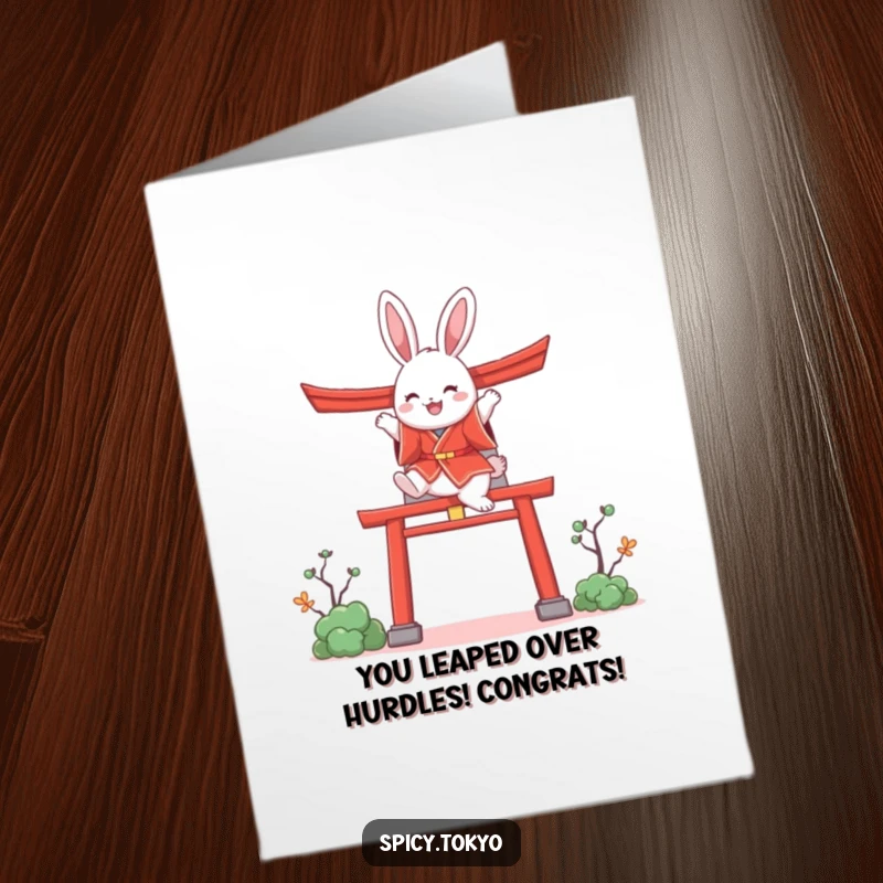 Funny Free Printable Congratulations Card: Bunny in red kimono leaping over a torii gate.