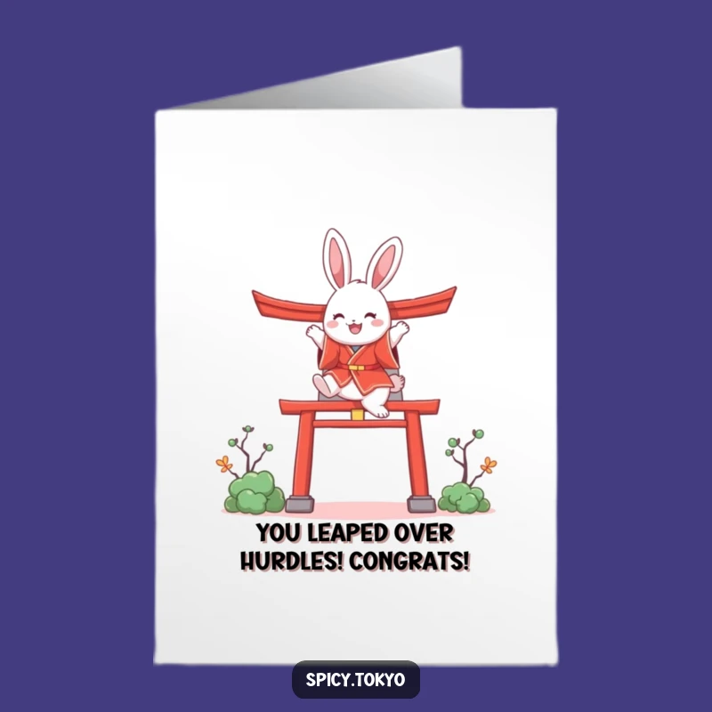 Free Printable Congrats Card: Funny Bunny Kimono Leaping Torii Gate Downloadable