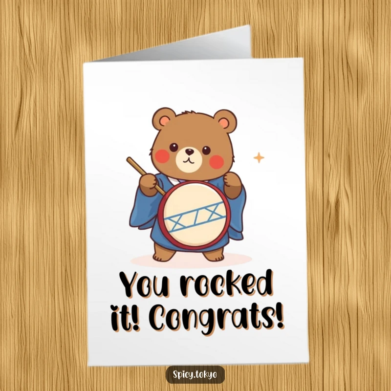Funny Free Printable Congratulations Card: Bear in blue kimono energetically playing a taiko drum.