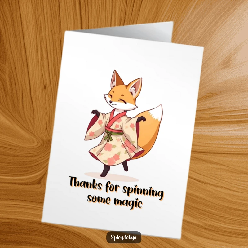 Funny Free Printable Thank You Card: Fox in floral kimono gracefully performing a spinning pirouette.