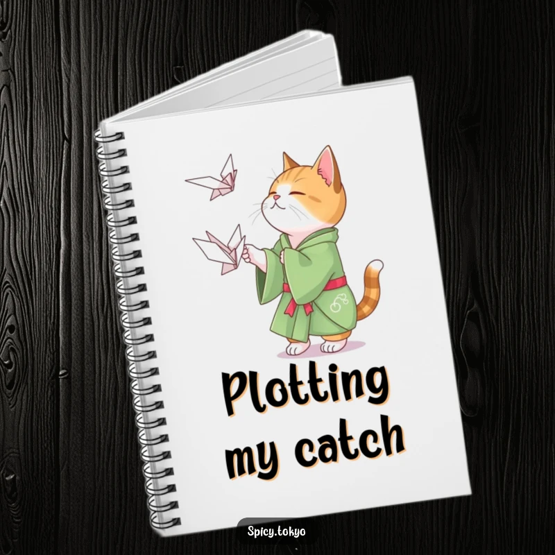Funny cat in a green kimono playfully attempting to catch a floating origami crane, a cute and funny notebook.