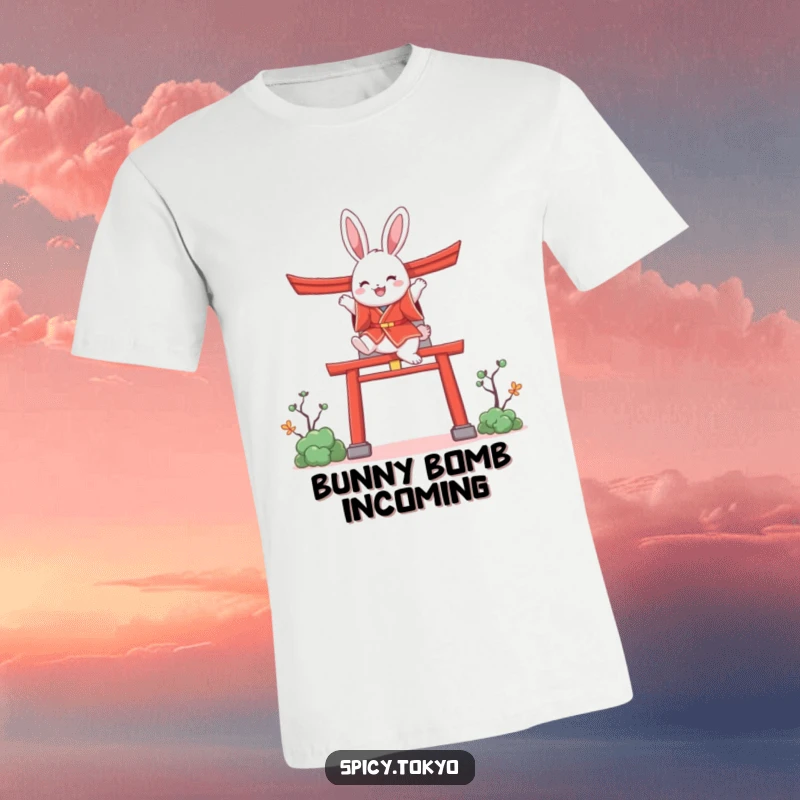 Funny bunny in a red kimono joyfully leaping over a colorful stylized torii gate, great funny gift.