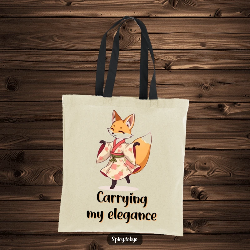 Funny fox in a floral kimono gracefully performing a spinning pirouette on a tote bag.
